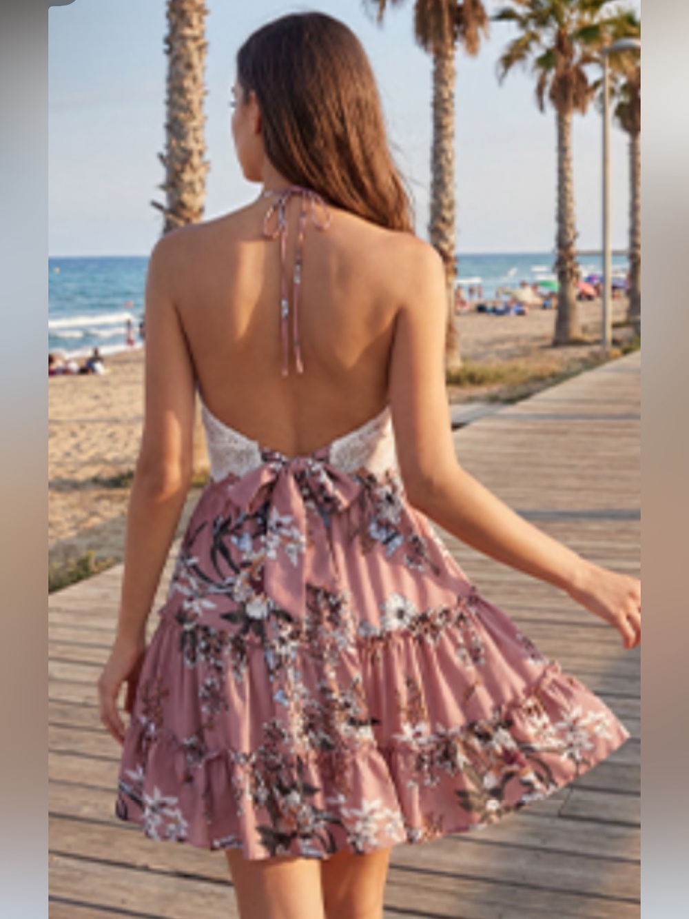Lace Halter Crop Top with White Crochet Detail & Pink Ruffle Layer Skirt Set - Picture 3 of 14